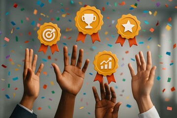 Hands reaching for awards and achievements for the concept of success.