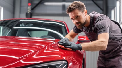 A man is carefully polishing a bright red sports car in a well-lit garage. He is wearing gloves and focused on achieving a perfect shine on the vehicles surface.