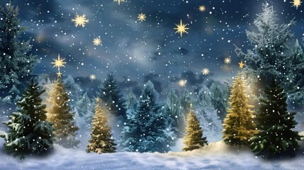 A Christmas scene with trees and stars in the sky