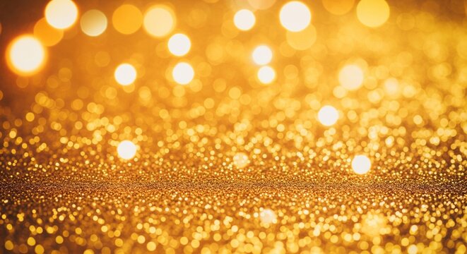 A shimmering golden background with sparkling glitter and soft bokeh lights.