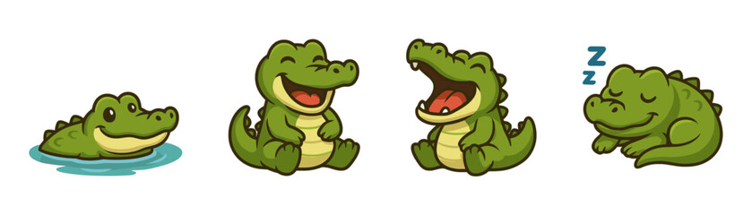 Fototapeta premium Cute crocodile cartoon icons, jungle reptiles