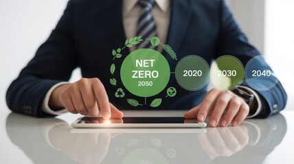 A businessman interacting with a futuristic digital interface symbolizing environmental sustainability goals and net zero targets