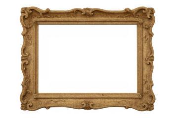 Gold ornate antique frame with rococo baroque style carvings, empty classic picture border on a transparent background