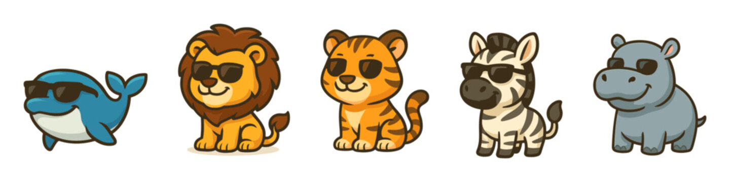 Cool animal cartoon icons, sunglasses characters