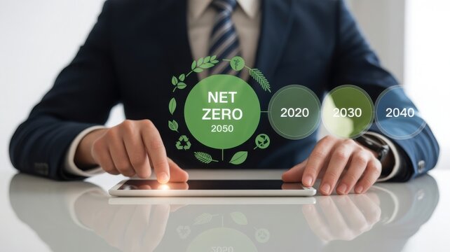 A businessman interacting with a futuristic digital interface symbolizing environmental sustainability goals and net zero targets - Powered by Adobe