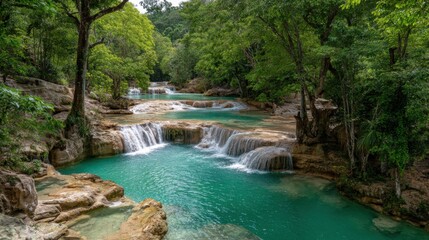 Naklejka premium Clear turquoise waters flow over rock formations and create small waterfalls. The area is rich with lush trees and a peaceful ambiance perfect for nature lovers seeking tranquility.