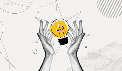 Fototapeta na wymiar Trendy Halftone Collage Two Hands holds lightbulb. Creative mind or brainstorm. Create creative idea concept. Business solutions. Think outside the box. Marketing time. Contemporary vector art