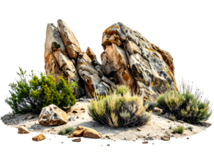 Rugged desert rock formation with sparse, dry vegetation