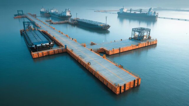 Modern water transport dock with ships loading and unloading cargo showcasing efficient design for seamless integration of marine logistics and accessibility.