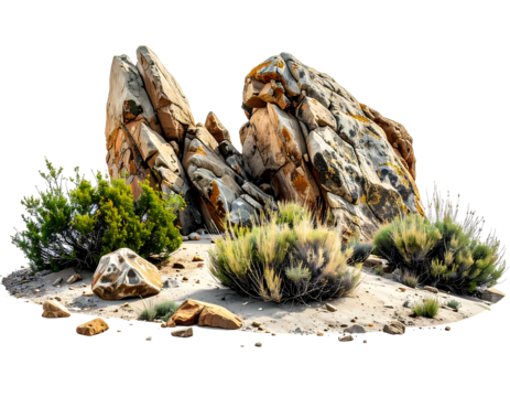 Rugged desert rock formation with sparse, dry vegetation