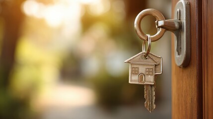 First Home Purchase Celebration With Keys in Keyhole During Moving Day at New House