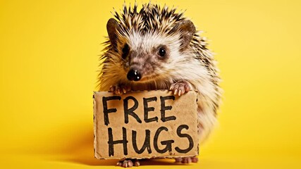 A charming hedgehog proudly holds a bright yellow Free Hugs sign against a cheerful, sunshine colored background capturing the concept of spreading joy and warmth evoking feelings of playfulness.