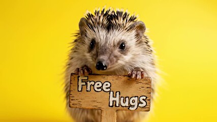 Cute hedgehog holds Free Hugs sign on wooden sign against bright yellow background, embodying concept of spreading joy and positivity, perfect for commercials promoting charities. - Powered by Adobe