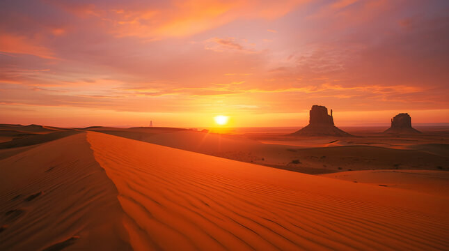 Vibrant desert sunrise casts fiery orange glow over sculpted sand dunes and iconic sandstone monoliths