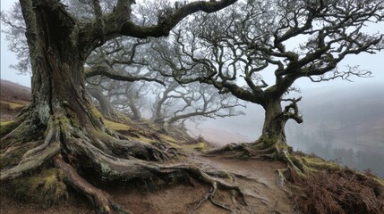 Obraz premium Mysterious trees with intricate branches line a dirt path in a foggy forest. The early morning light casts a serene atmosphere in the wooded landscape.