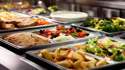 Obraz premium A colorful buffet setup displays a variety of fresh salads grilled meats and vibrant vegetables. Guests can choose from numerous options showcasing healthy dining choices.