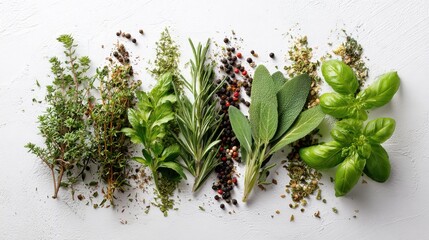 A variety of fresh herbs and spices are neatly arranged on a white surface showcasing thyme basil rosemary and sage among others for cooking enthusiasts. © mila103