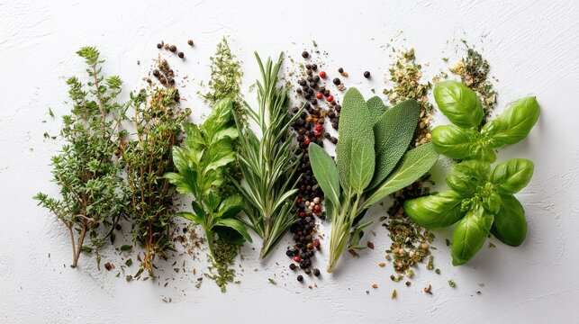 A variety of fresh herbs and spices are neatly arranged on a white surface showcasing thyme basil rosemary and sage among others for cooking enthusiasts.