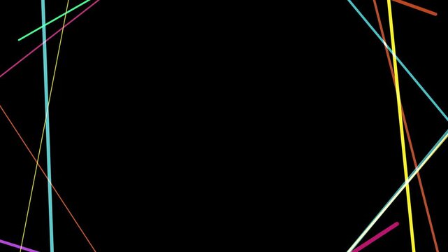 Abstract composition of colorful intersecting lines on a stark black background, creating a dynamic visual pattern