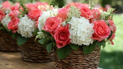Elegant flower arrangements display vibrant pink roses and white hydrangeas in natural woven baskets. These centerpieces are set up for a joyful outdoor celebration.