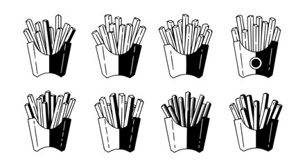 set of 6 french fries, black and white