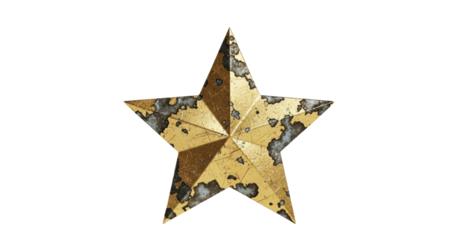 Textured golden star with vintage metallic accents on transparent background