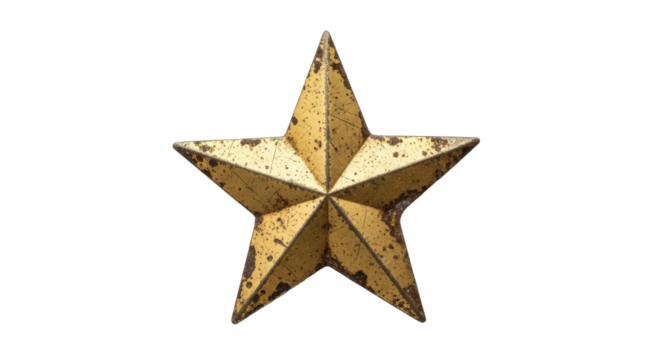 Vintage rusty golden metal star with weathered surface and texture
