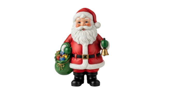 Santa claus figurine holding bell and sack of gifts
