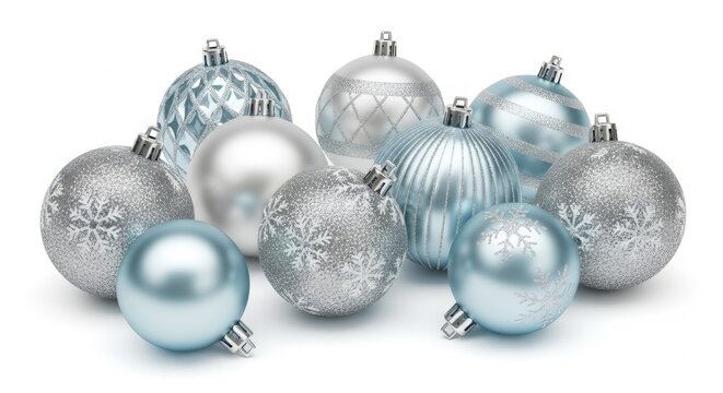 Elegant silver and blue christmas ornaments featuring snowflake patterns - Powered by Adobe