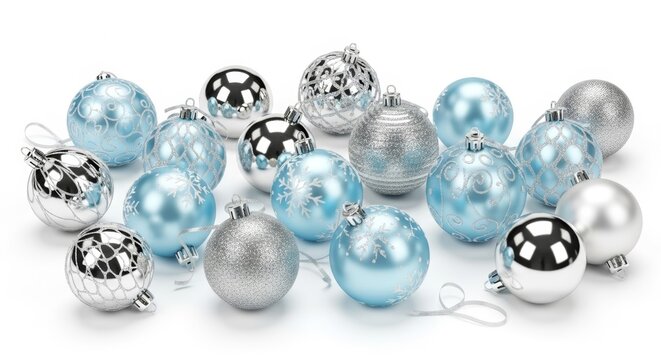Assorted silver and blue christmas ornaments with snowflake patterns