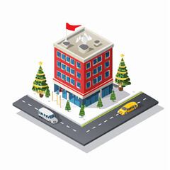 Isometric view of a red multi-story building with Christmas trees and vehicles on a street corner.