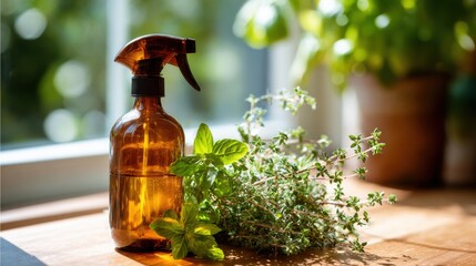 Bright sunlight shines through a window highlighting a brown spray bottle next to fresh mint and thyme on a wooden table. The scene captures a peaceful moment in a home garden.