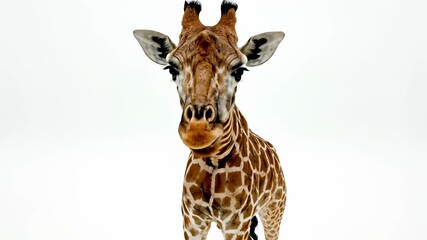 Giraffe stands solo against pristine white background, its long neck craned upwards to gaze directly at the camera, conveying sense of isolation and contemplation, perfect for commercial uses.