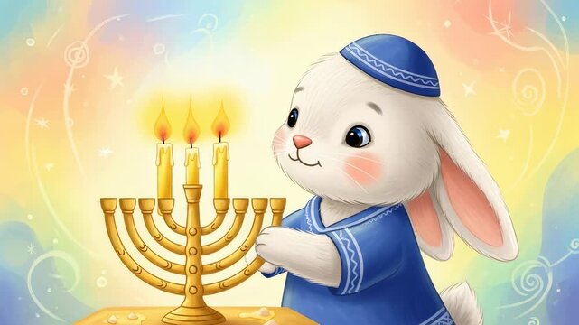 Rabbit cartoon character lighting a menorah for Hanukkah celebration. Cute animal illustration for holiday greeting card and children event.