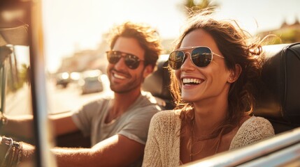 A happy couple drives in a classic convertible smiling and enjoying the warm sun on a coastal road. The golden hour lights up their faces as they share a joyful moment together.