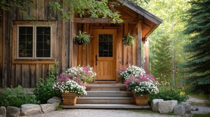 Wooden cabin stands surrounded by nature featuring a welcoming entrance with colorful flower pots on the steps. Lush greenery enhances the tranquil atmosphere.
