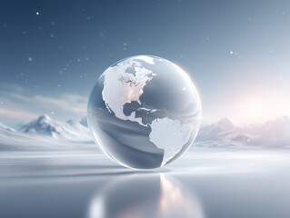 Glowing globe resting on icy terrain under a starry sky at dawn
