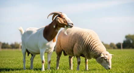 Obraz premium A goat and a sheep together in a green pasture on a sunny day. Farm animals grazing in a rural field. Livestock and agriculture concept