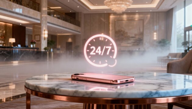 Glowing 24/7 service icon hovering over a smartphone in a luxury hotel lobby. Always on customer support and modern technology concept