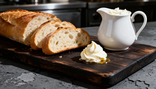 Freshly sliced crusty bread with creamy butter on a rustic wooden cutting board. Homemade artisan loaf as a simple appetizer or breakfast
