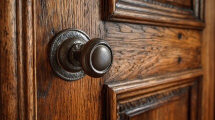 Obraz premium A close-up view of an intricate round door knob made of metal contrasting beautifully with the warm wooden door. The texture of the wood and the knob highlights skilled craftsmanship.