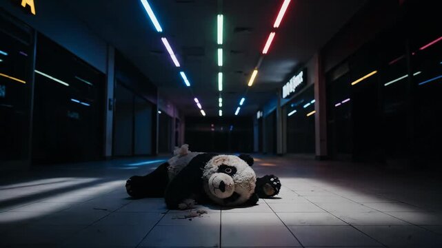 Abandoned panda bear lying on floor illuminated by colorful neon lights