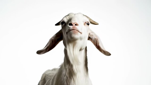 Long horned goat proudly displays its joyful laughter, tongue lolling out in playfulness, perfectly capturing the concept of carefree amusement, inviting users to inject humor and levity into.
