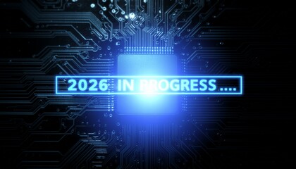Futuristic 2026 project in progress on circuit board for technology innovation, AI development, and digital transformation solutions, with bright glowing light