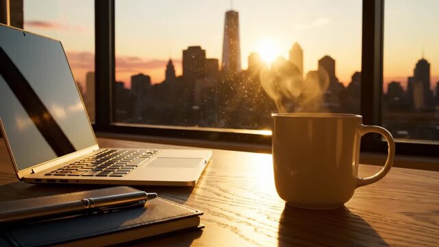 Laptop and Steaming Coffee Mug at Sunrise Over City Skyline.