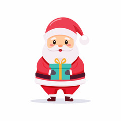 A cute cartoon illustration of Santa Claus holding a wrapped gift box with a teal ribbon.