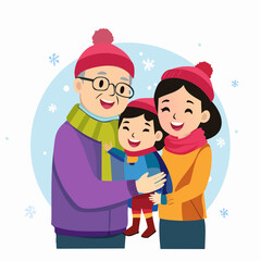 Happy multi-generational family embracing in winter clothing with snowflakes in the background.