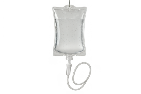 Iv bag performing intravenous drip infusion therapy for medical treatment, healthcare, and hospital care with included tubing