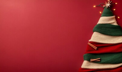 Knitted red, green, and beige scarves forming a christmas tree shape with cinnamon sticks and string lights on a red background