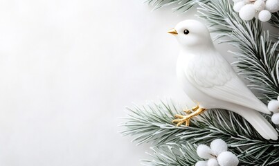 White decorative bird perching on a snow-dusted pine branch with white winter berries, creating a tranquil holiday background